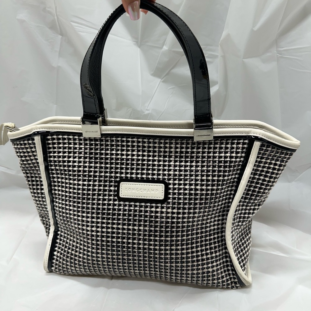 Longchamp Black White Woven Tweed Check Leather 2 Handle Hobo Bag Handbag